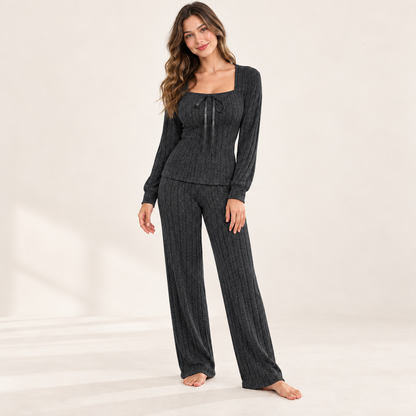 Ribbed pajama set in Charcoal with U-neck bow top and full-length pants